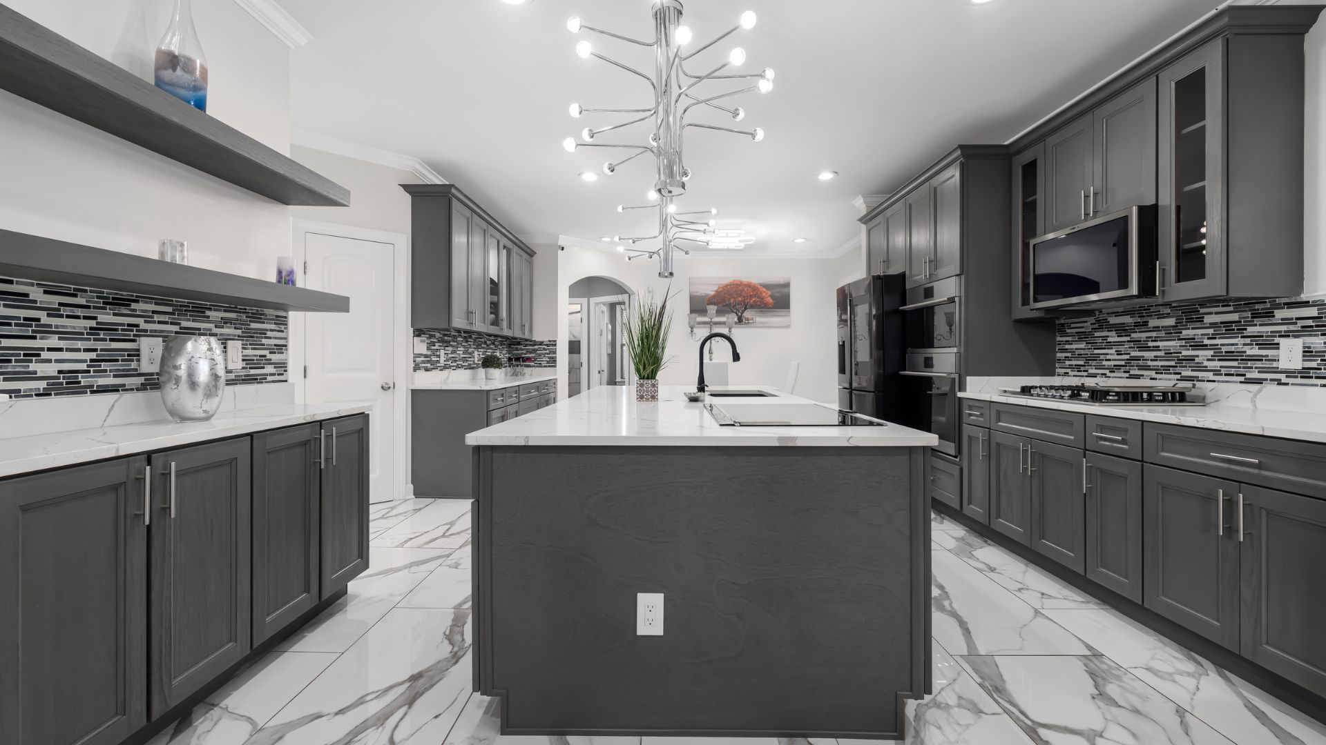 Gray kitchen with white countertops