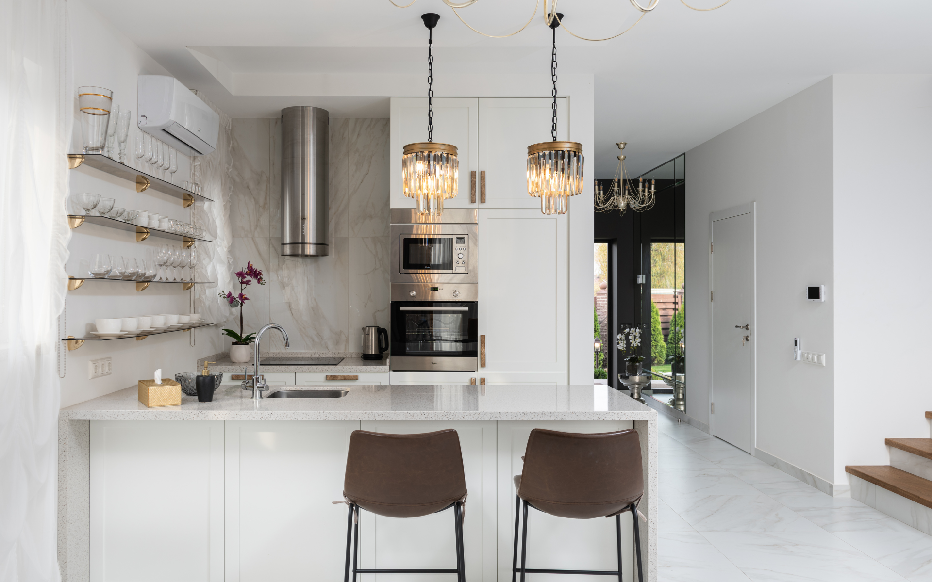 Kitchen bar with white quartz countertops