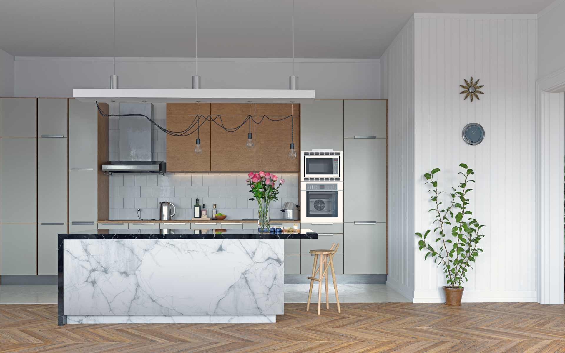 Minimalist kitchen with black quartz countertops